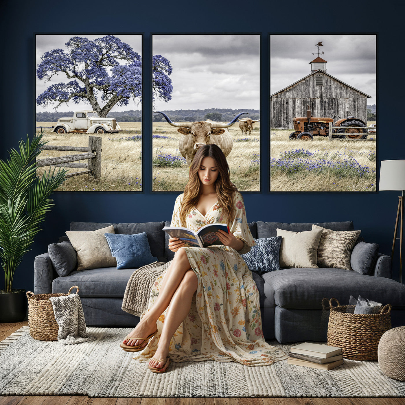 62336425-MGV-CV-60X30-3P - Texas Longhorn Canvas Wall Art, Rustic Farm Barn Bluebonnet Photography Print, Farmhouse Country Decor, Western Ranch Art, Old Truck Tractor Print