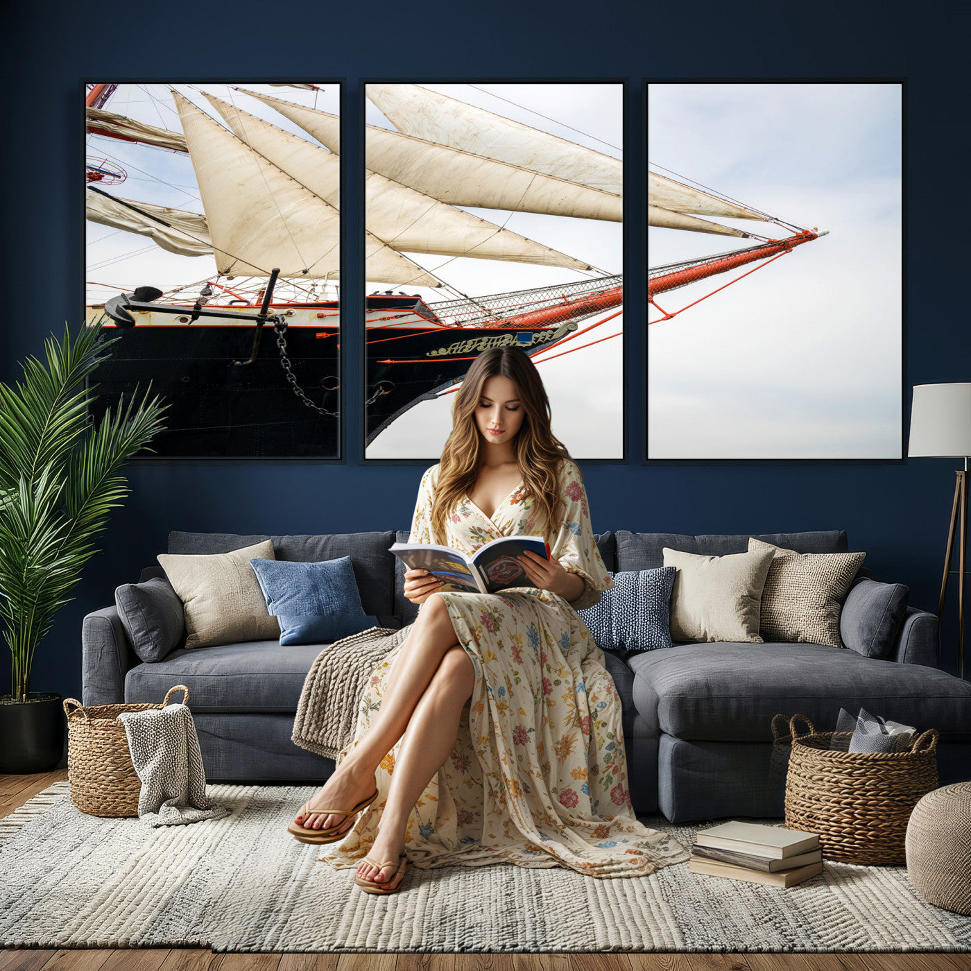 64830036-MGV-CV-36X24 - Sailboat Wall Art Canvas Print, Vintage Ship Bow Framed Artwork, Nautical Sailing Decor for Living Room Office Beach House