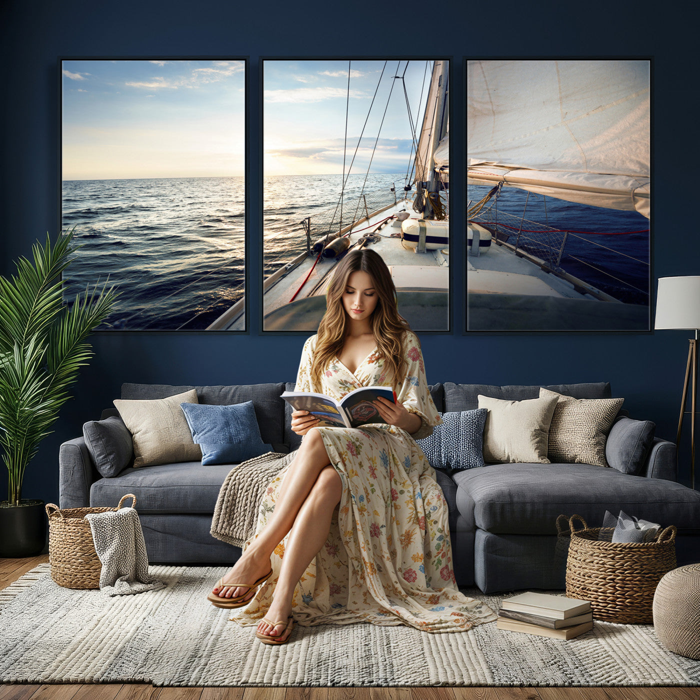 76381335-MGV-CV-36X24 - Sailboat Wall Art Canvas Print, Ocean Sunset Sailing Framed Artwork, Coastal Nautical Seascape Decor for Living Room Office Beach House