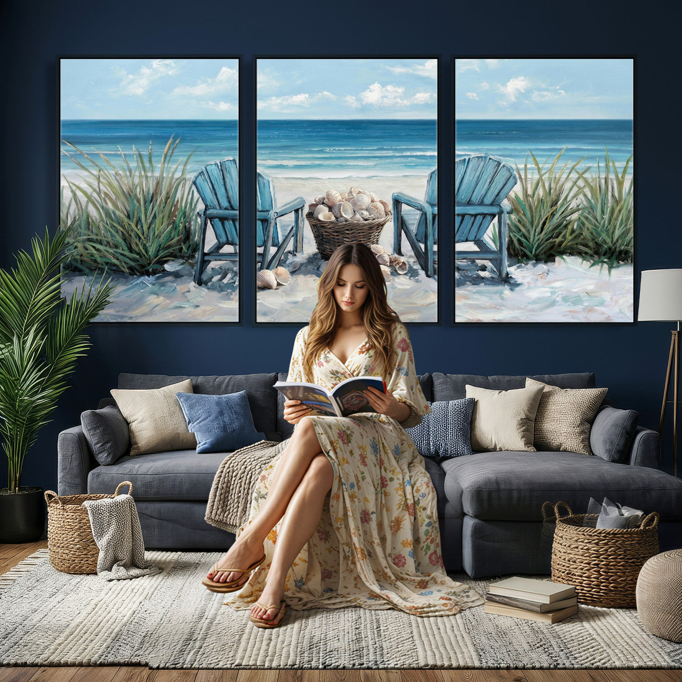 11973028-MGV-CV-36X24 - Beach Canvas Wall Art Coastal Adirondack Chairs Ocean Seashells Blue Nautical Framed Large for Living Room Bedroom Bathroom Decor