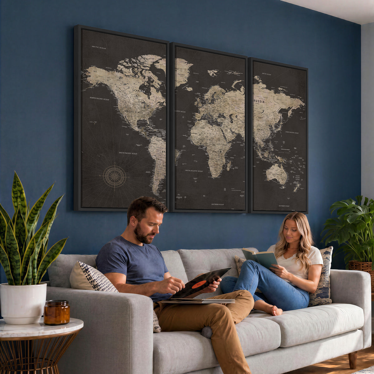 56556018136-MGV-CV-36X24 - World Map Canvas Wall Art, Dark Charcoal and Antique Tan Detailed Map