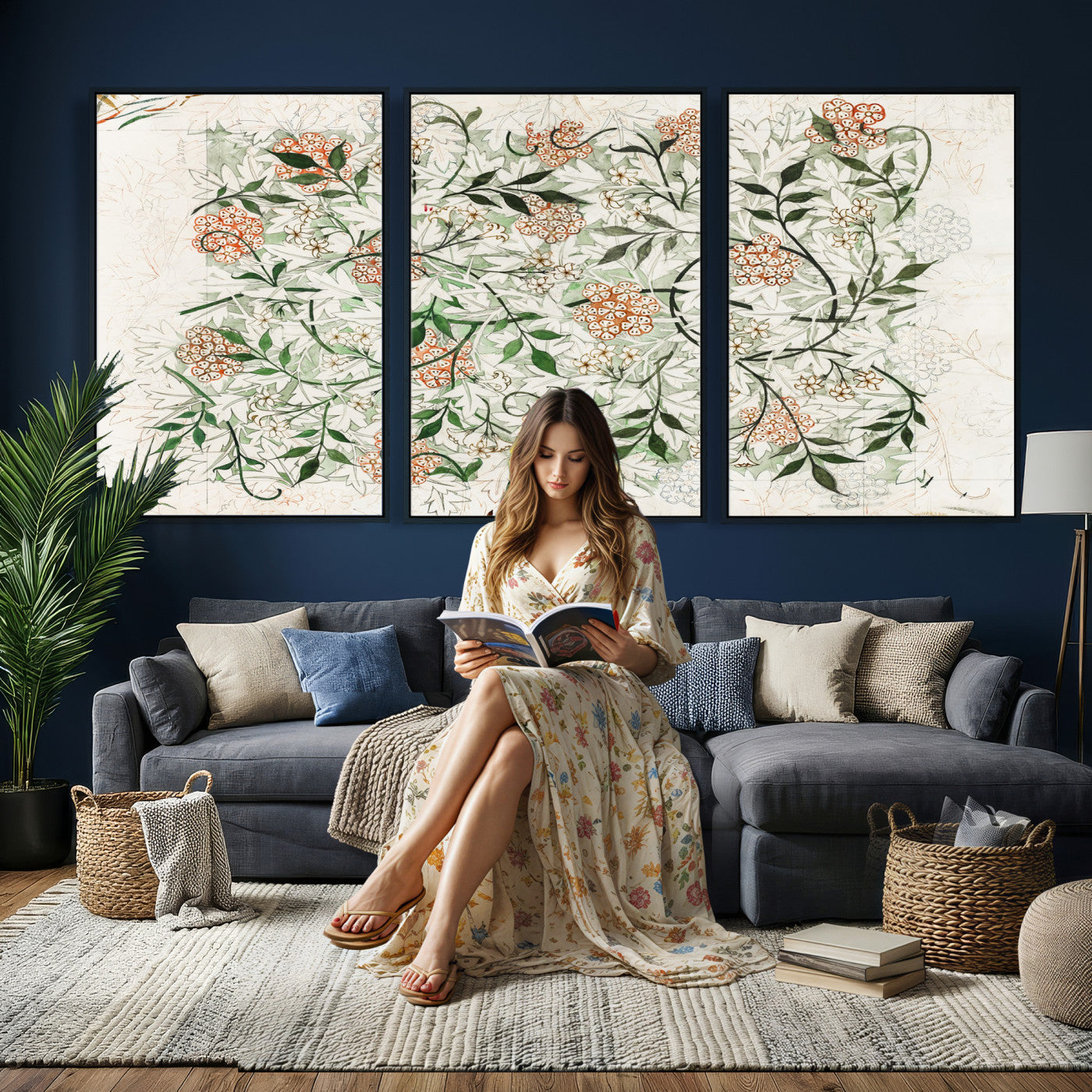 17622011W-MGV-CV-36X24 - William Morris Jasmine Flower Wall Art Canvas Print, Botanical Floral Canvas Print, Vintage Cottagecore Wall Decor, Framed Nature Artwork Ready to Hang