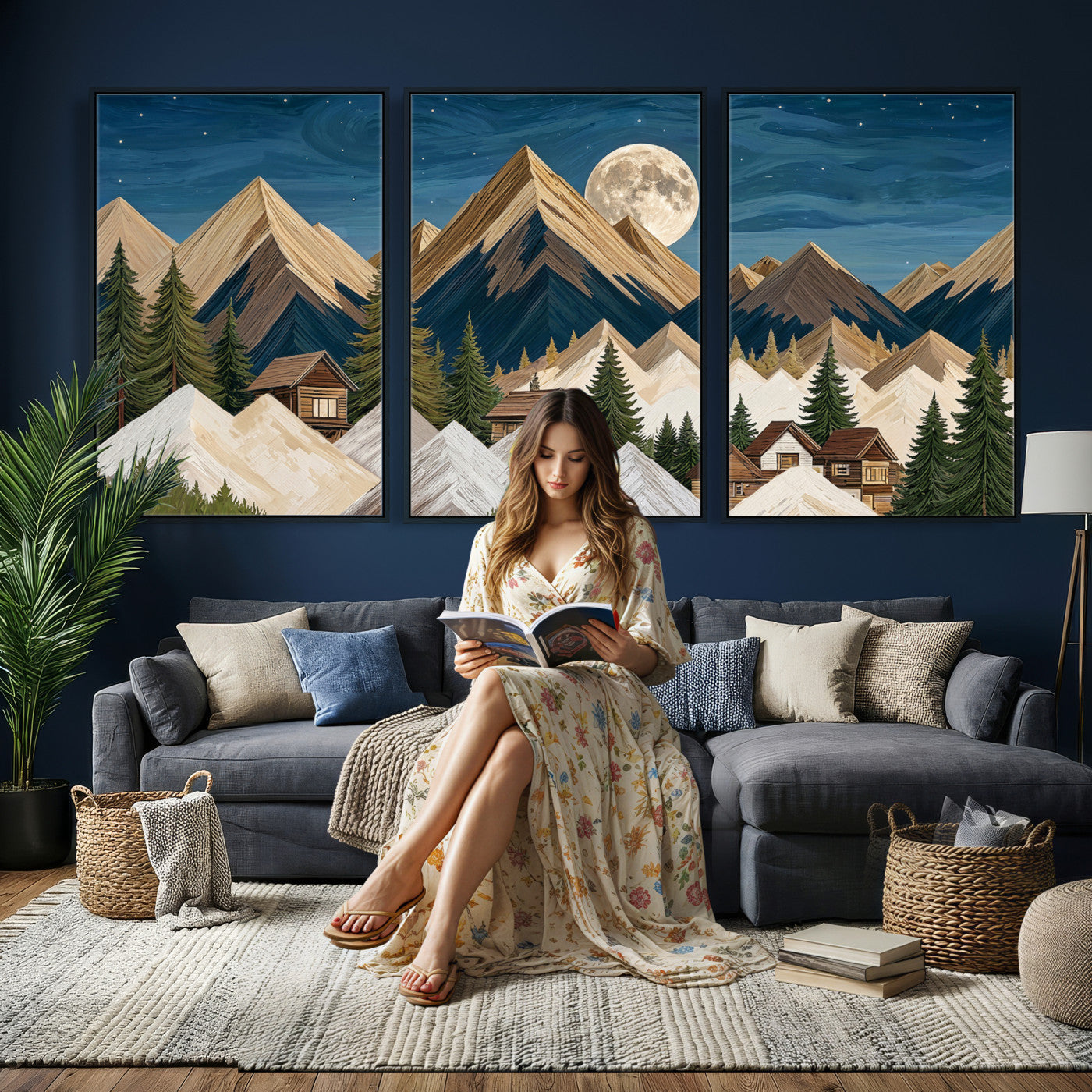 17622011MO-MGV-CV-60X30-3P - Moonlit Mountain Cabin Wall Art Canvas Print, Rustic Mountain Landscape Canvas Print, Woodland Cabin Wall Decor, Framed Nature Artwork Ready to Hang