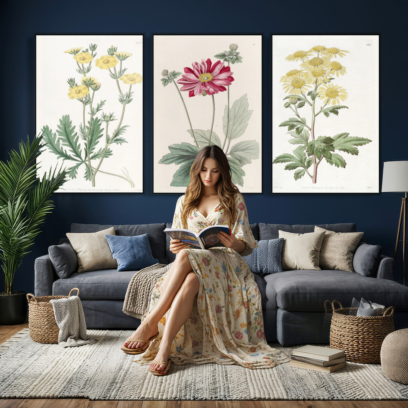 17622011MF-MGV-CV-60X30-3P - Antique Botanical Canvas Wall Art, Victorian Flower Illustration Triptych Print, Cottagecore Vintage Botanical Decor