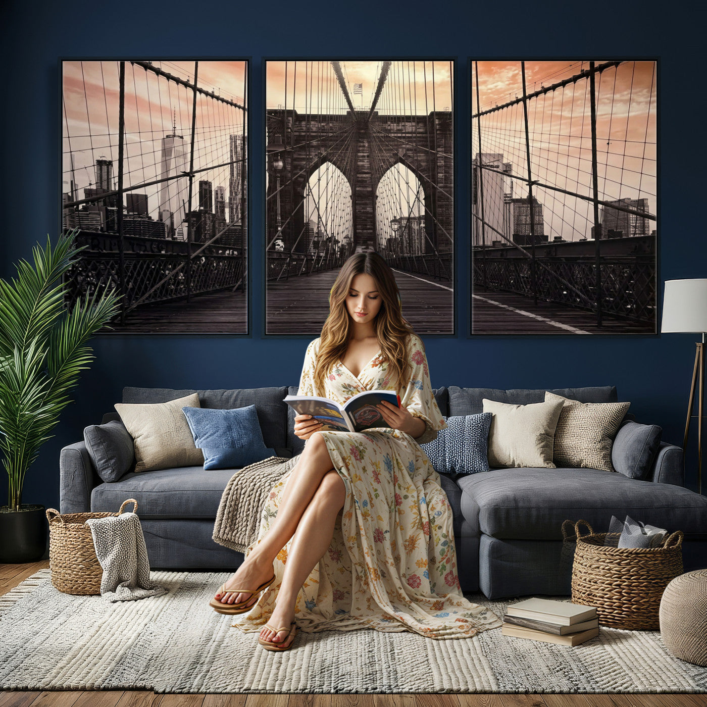 93226664-MGV-CV-36X24 - Brooklyn Bridge Canvas Wall Art, New York City Skyline Photography Print, NYC Landmark Urban Decor Artwork
