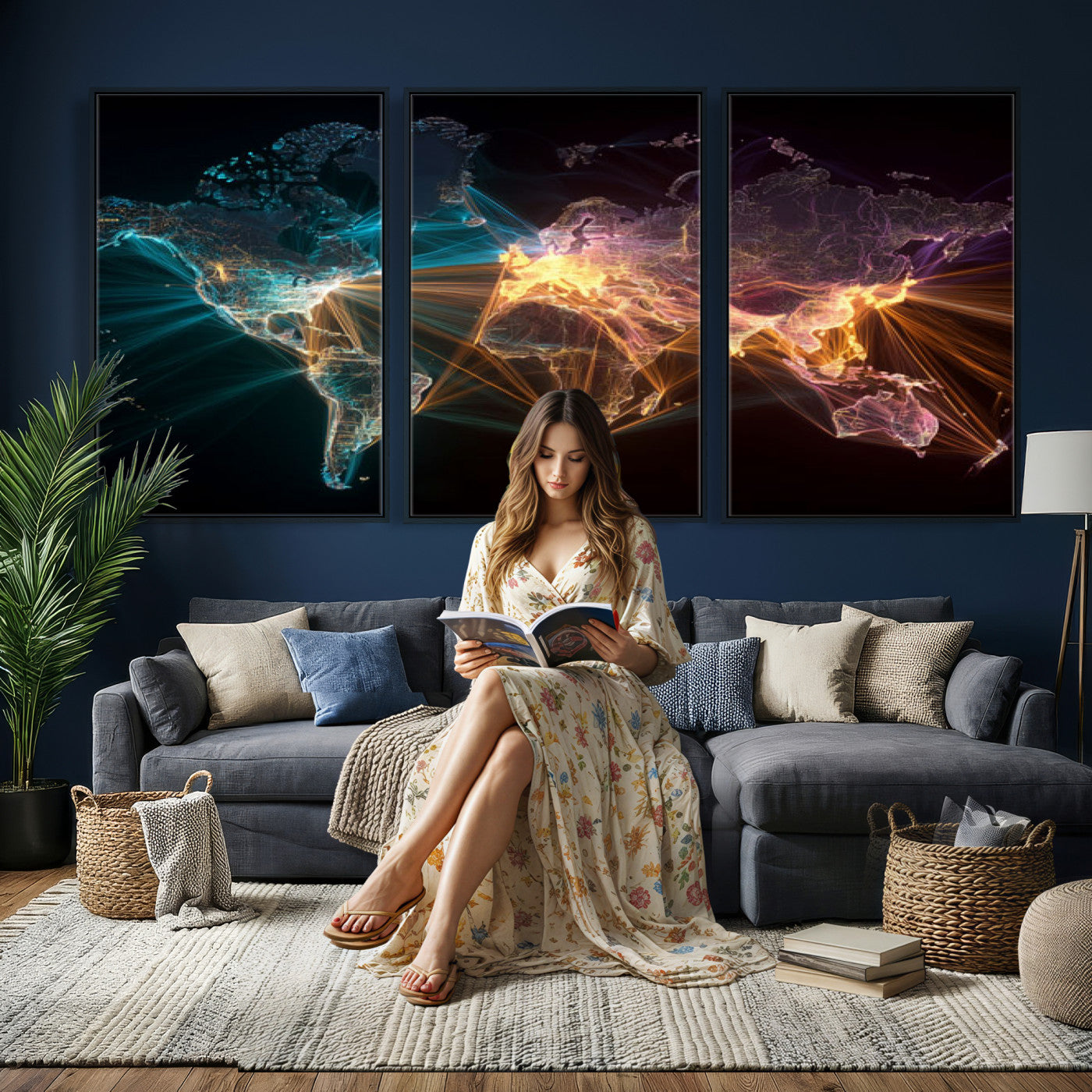 14891737-MGV-CV-36X24 - World Map and Global Flight Routes Map Canvas Wall Art, Worldwide Aviation Network Print, International Air Travel Wall Decor
