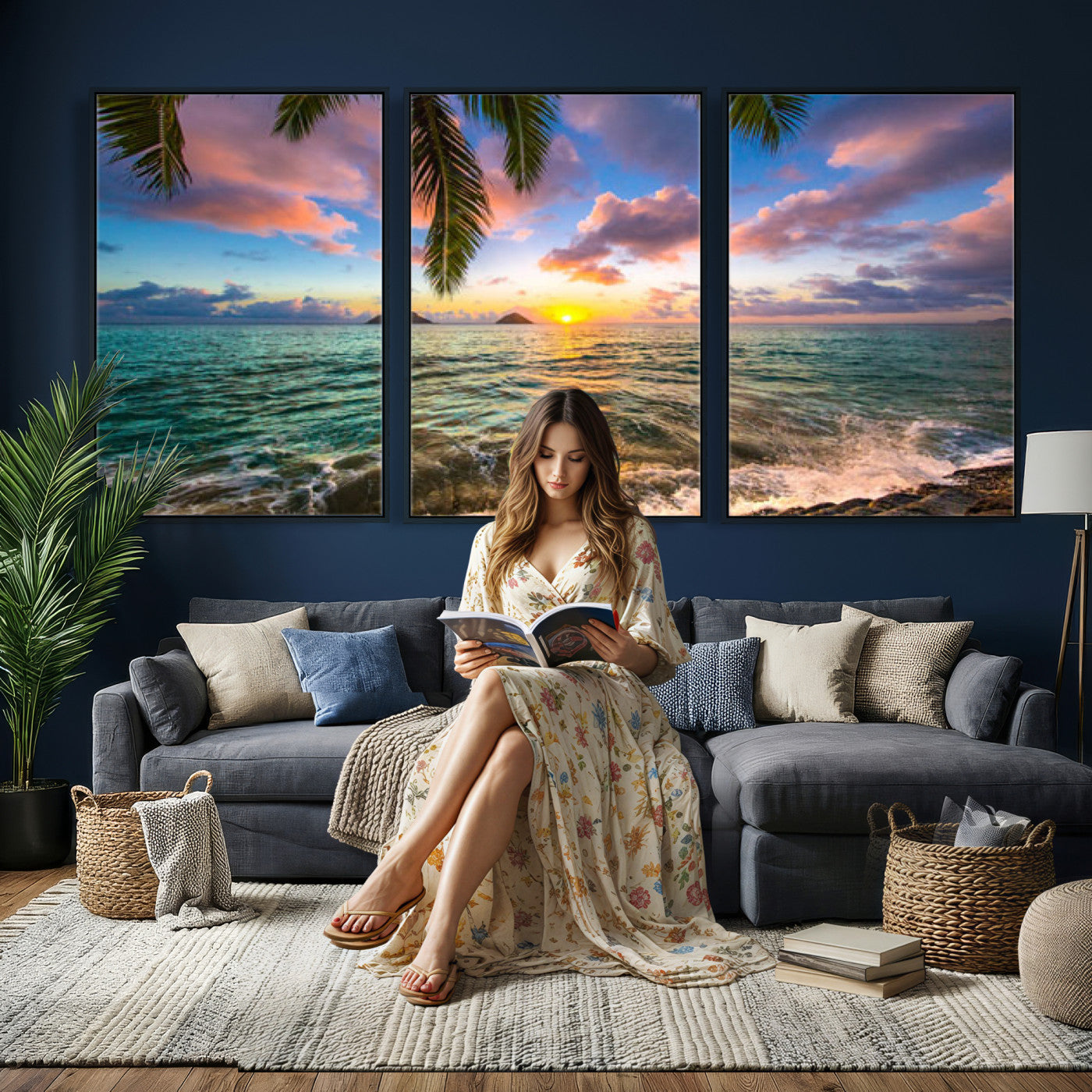 13207742-MGV-CV-36X24 - Hawaii Beach Sunset Canvas Wall Art Print, Tropical Ocean Landscape Artwork, Palm Tree Coastal Decor for Living Room Bedroom