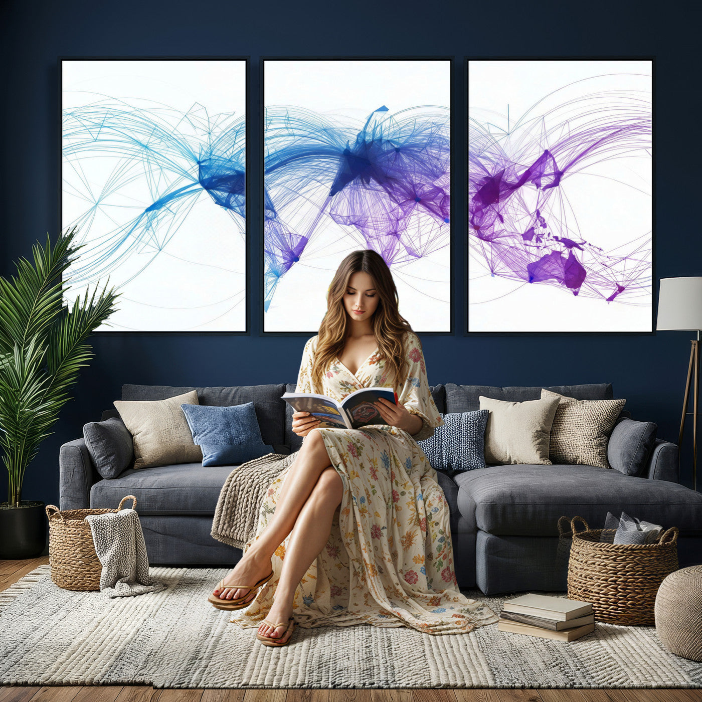 75155491-MGV-CV-48X32-3P - Global Flight Routes Map Canvas Wall Art, Worldwide Aviation Network Print, International Air Travel Wall Decor