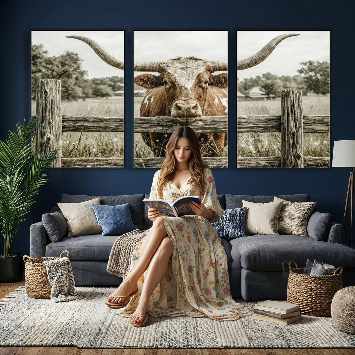 59378683M-MGV-CV-60X30-3P - Large Farmhouse Texas Longhorn Bull Canvas Wall Art, Western Ranch Cattle Photography Print, Rustic Barn Cowboy Decor Artwork