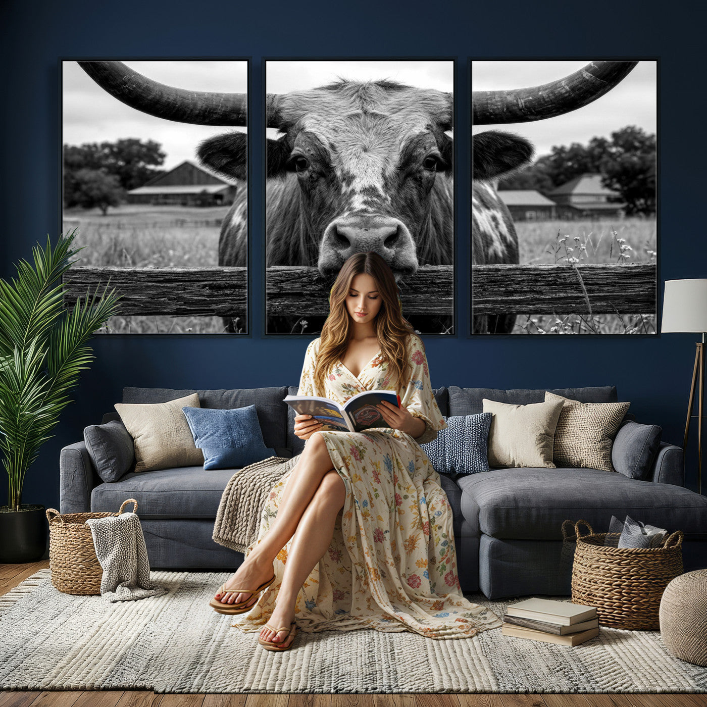 59378683B-MGV-CV-36X24 - Black White Texas Longhorn Bull Canvas Wall Art, Western Ranch Cattle Photography Print, Rustic Farmhouse Cowboy Decor Artwork
