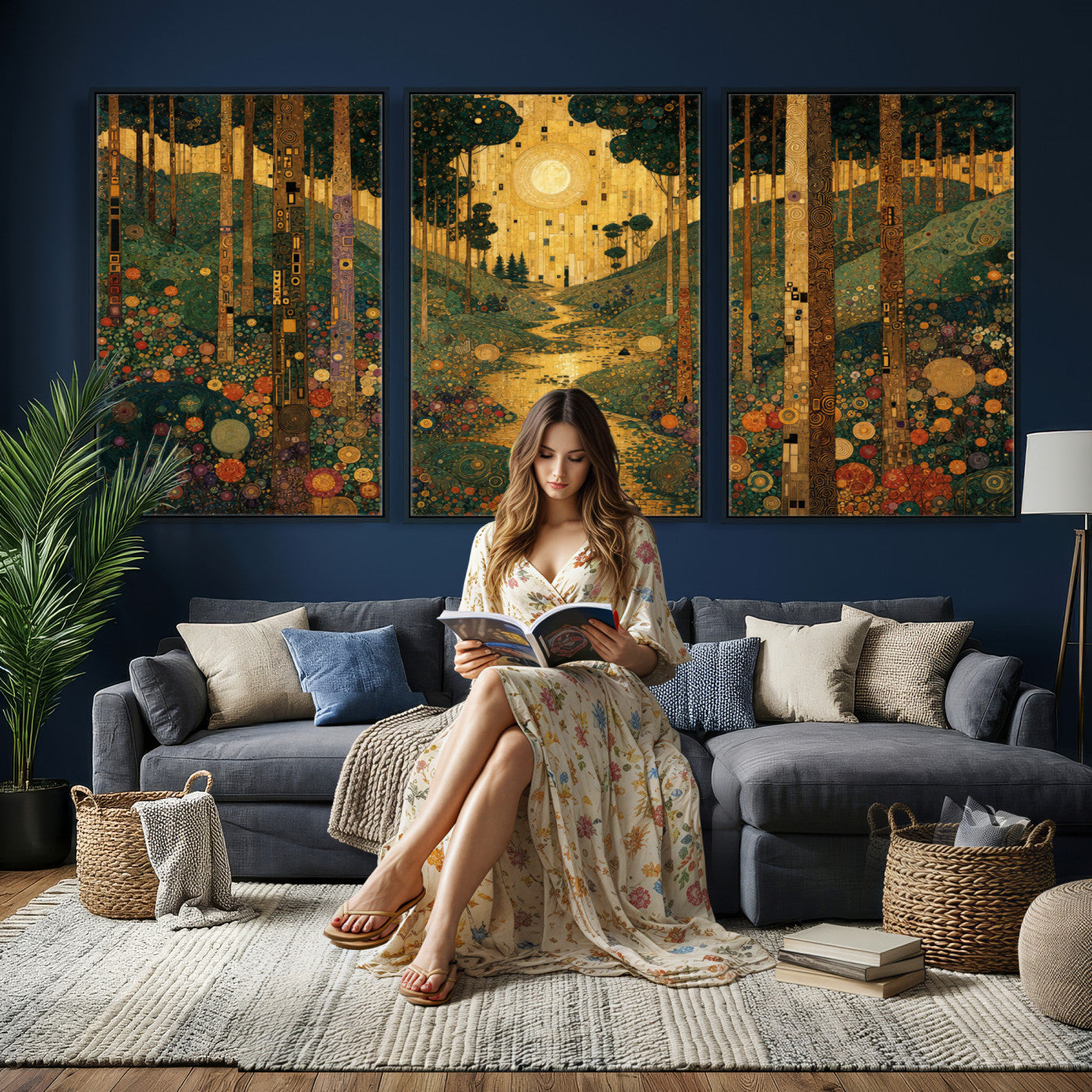 79483321GS-MGV-CV-48X32-3P - Gustav Klimt Style Forest Canvas Wall Art, Golden Forest Path Floral Art Nouveau Print, Enchanted Woodland Decor