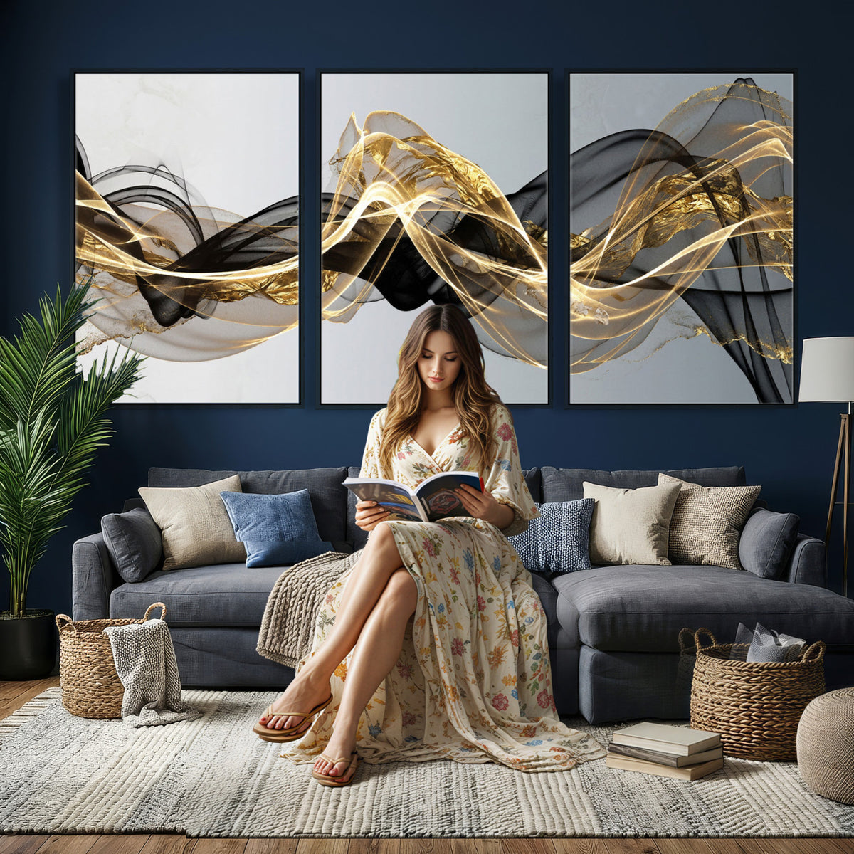 79483321DL-MGV-CV-36X24 - Black and Gold Abstract Wall Art, Modern Wave Canvas Print, Elegant Flowing Smoke Art, Luxury Living Room Decor