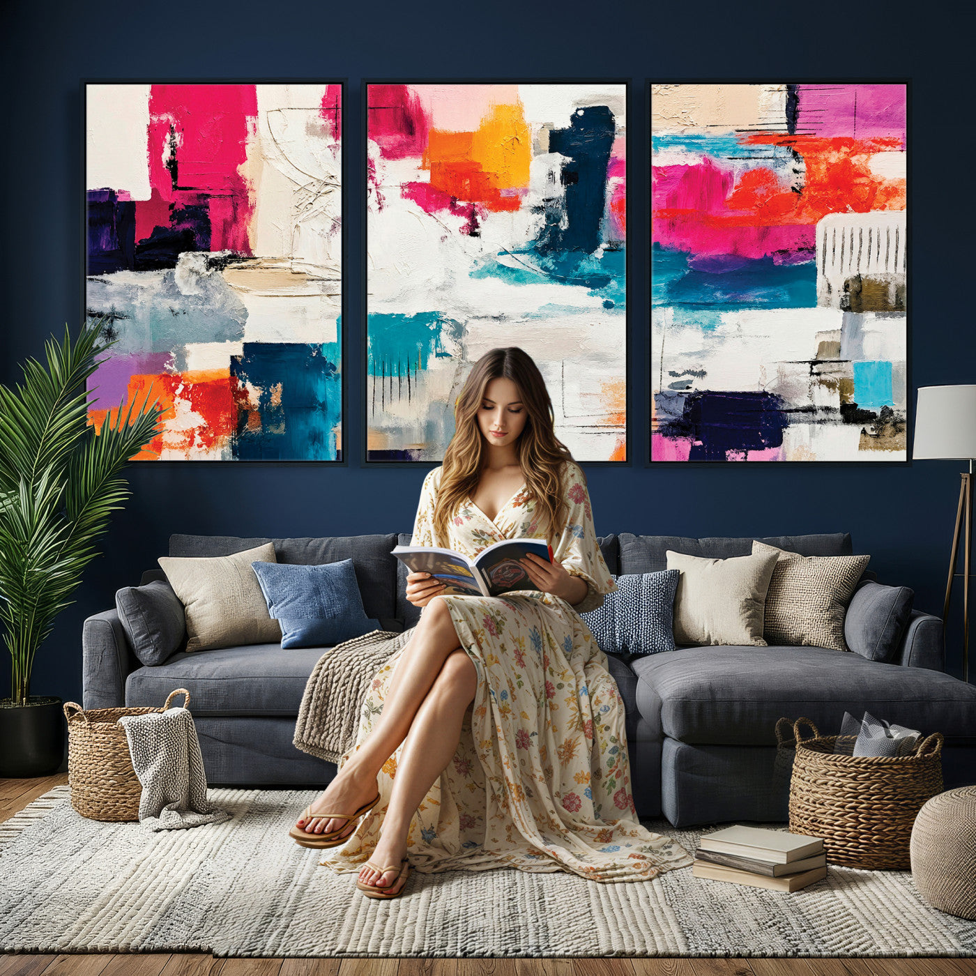 57864023-MGV-CV-36X24 - Blue Teal Abstract Canvas Wall Art | Modern Textured Painting Print, Navy Orange White Contemporary Art, Neutral Living Room Decor, Office Art