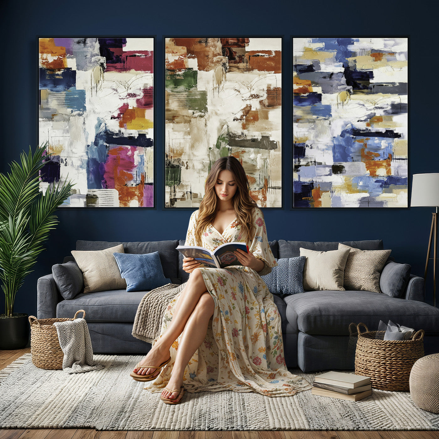 33267833-MGV-CV-60X30-3P - Blue Teal Abstract Canvas Wall Art, Modern Textured Painting Print, Navy Orange White Contemporary Art, Neutral Living Room Decor, Office Art