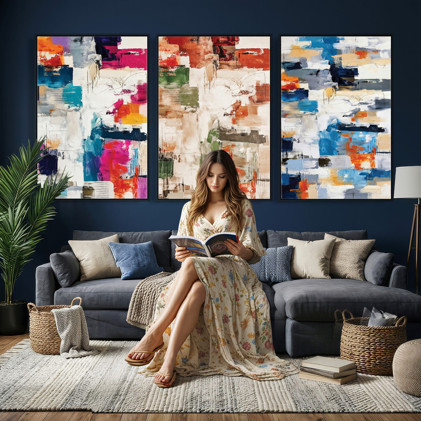 33267833-MGV-CV-60X30-3P - Blue Teal Abstract Canvas Wall Art, Modern Textured Painting Print, Navy Orange White Contemporary Art, Neutral Living Room Decor, Office Art