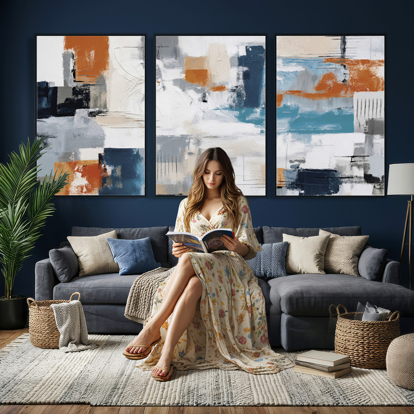 44950303-MGV-CV-36X24 - Blue Teal Abstract Canvas Wall Art, Modern Textured Painting Print, Navy Orange White Contemporary Art, Neutral Living Room Decor, Office Art