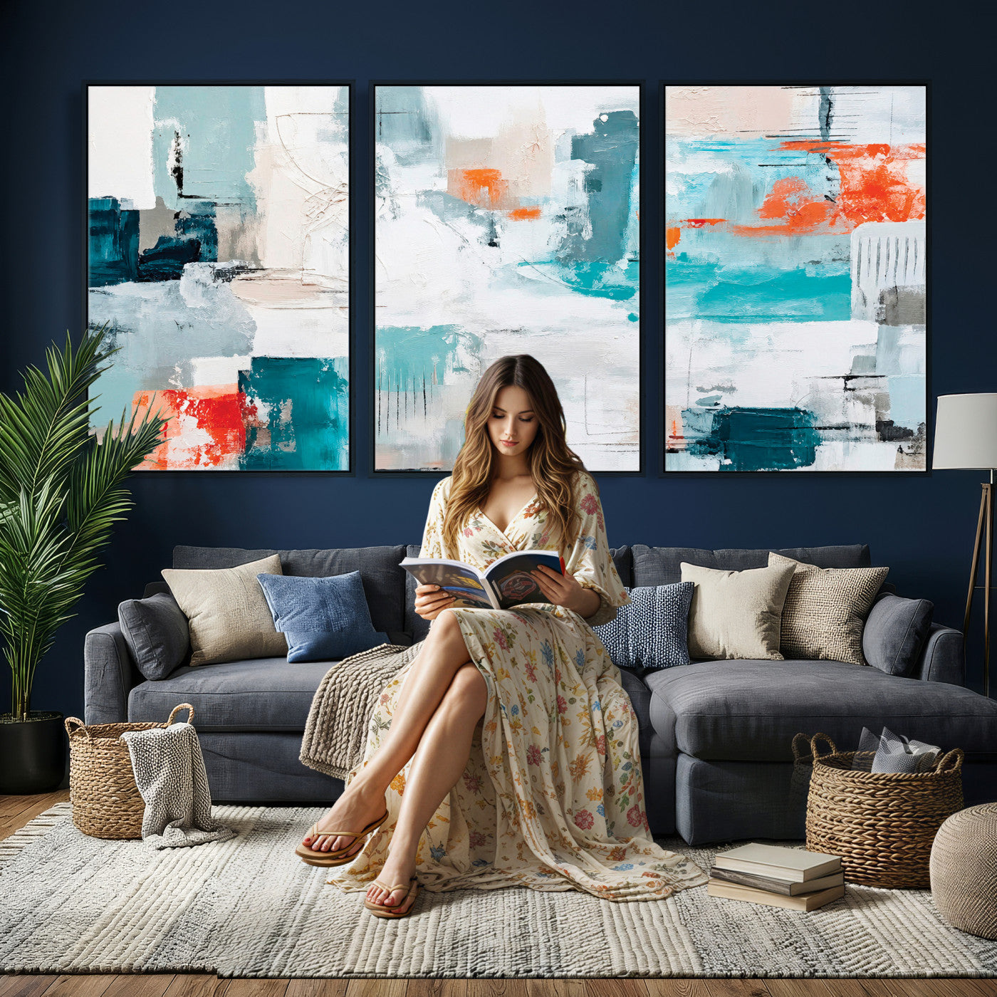 98638479-MGV-CV-36X24 - Blue Teal Abstract Canvas Wall Art | Modern Textured Painting Print, Navy Orange White Contemporary Art, Neutral Living Room Decor, Office Art