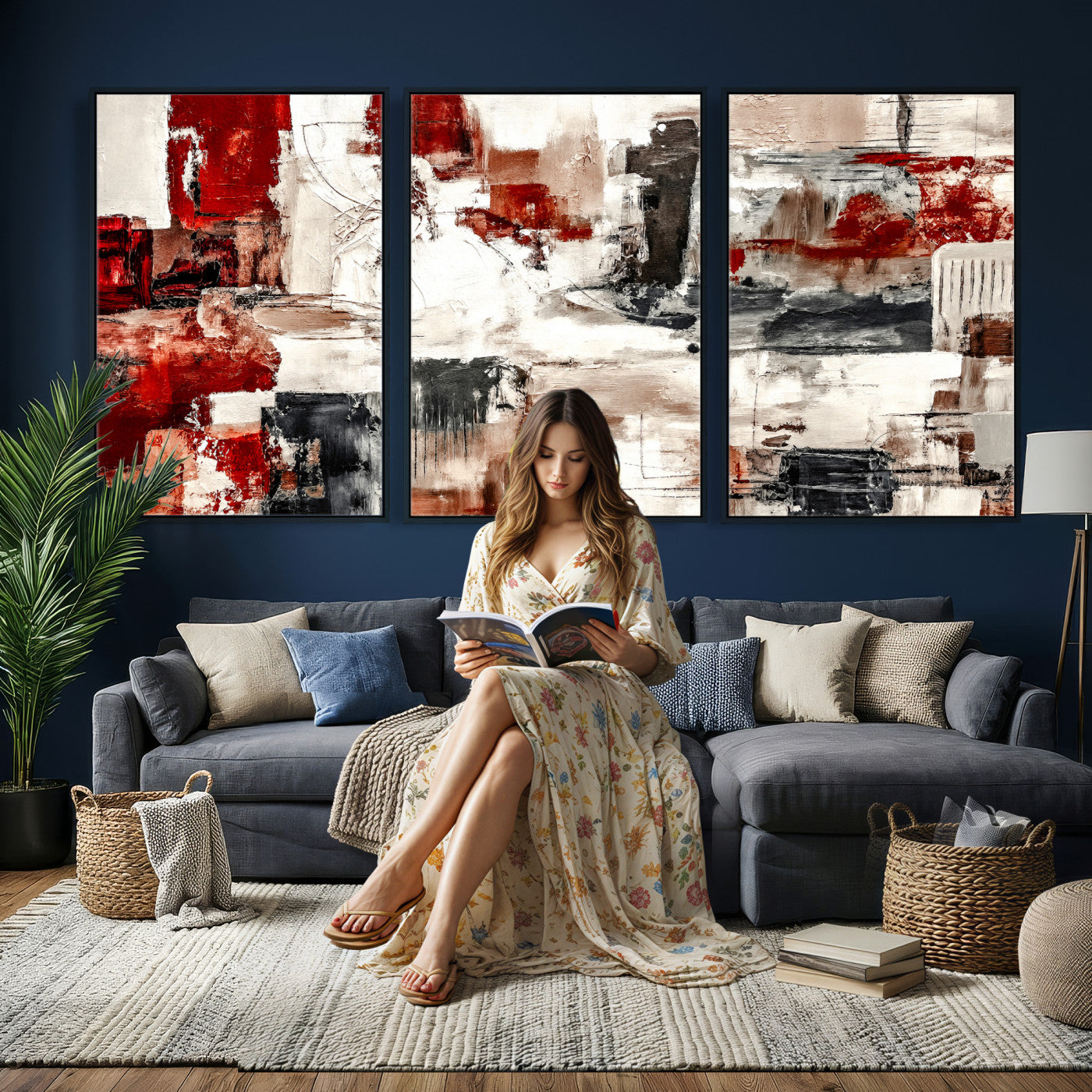 53022468-MGV-CV-36X24 - Blue Teal Abstract Canvas Wall Art, Modern Textured Painting Print, Navy Orange White Contemporary Art, Neutral Living Room Decor, Office Art