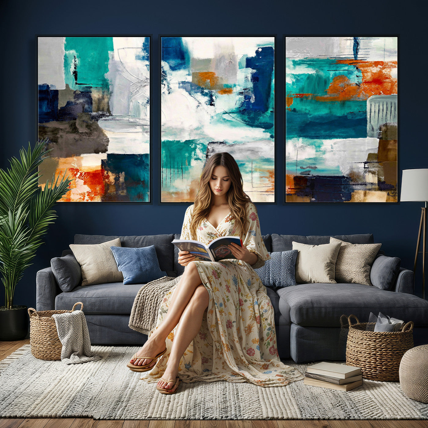 44038089-MGV-CV-36X24 - Blue Teal Abstract Canvas Wall Art, Modern Textured Painting Print, Navy Orange White Contemporary Art, Neutral Living Room Decor, Office Art