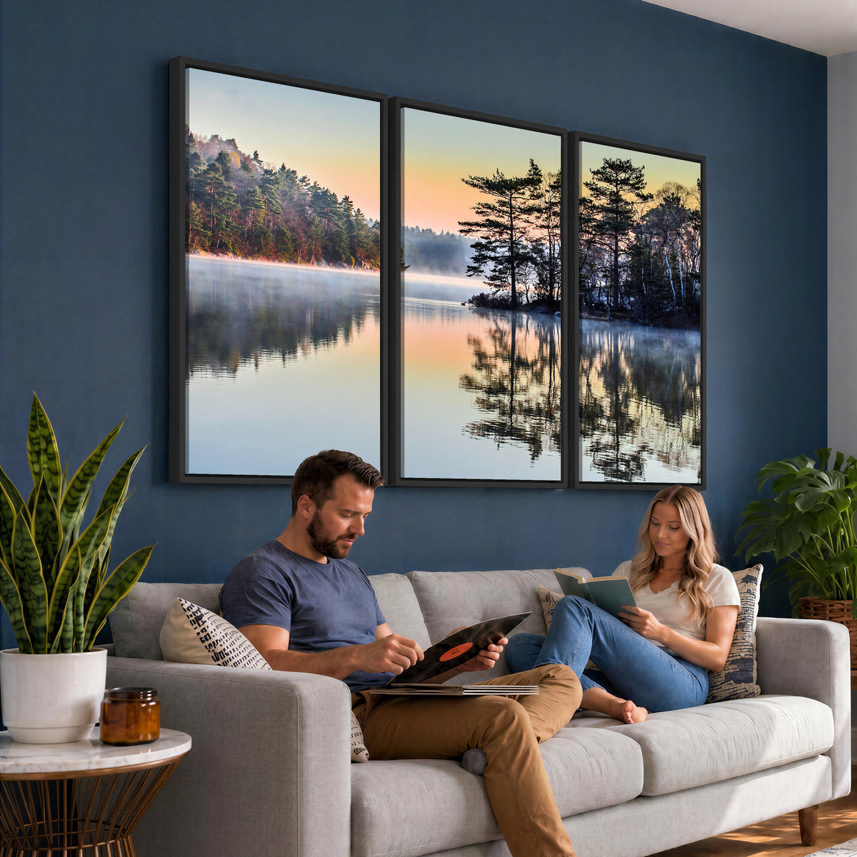 34236027-MGV-CV-36X24 - Before People Wake Canvas Wall Art Print, Misty Lake Sunrise Landscape, Forest Reflection Nature Decor, Ready to Hang