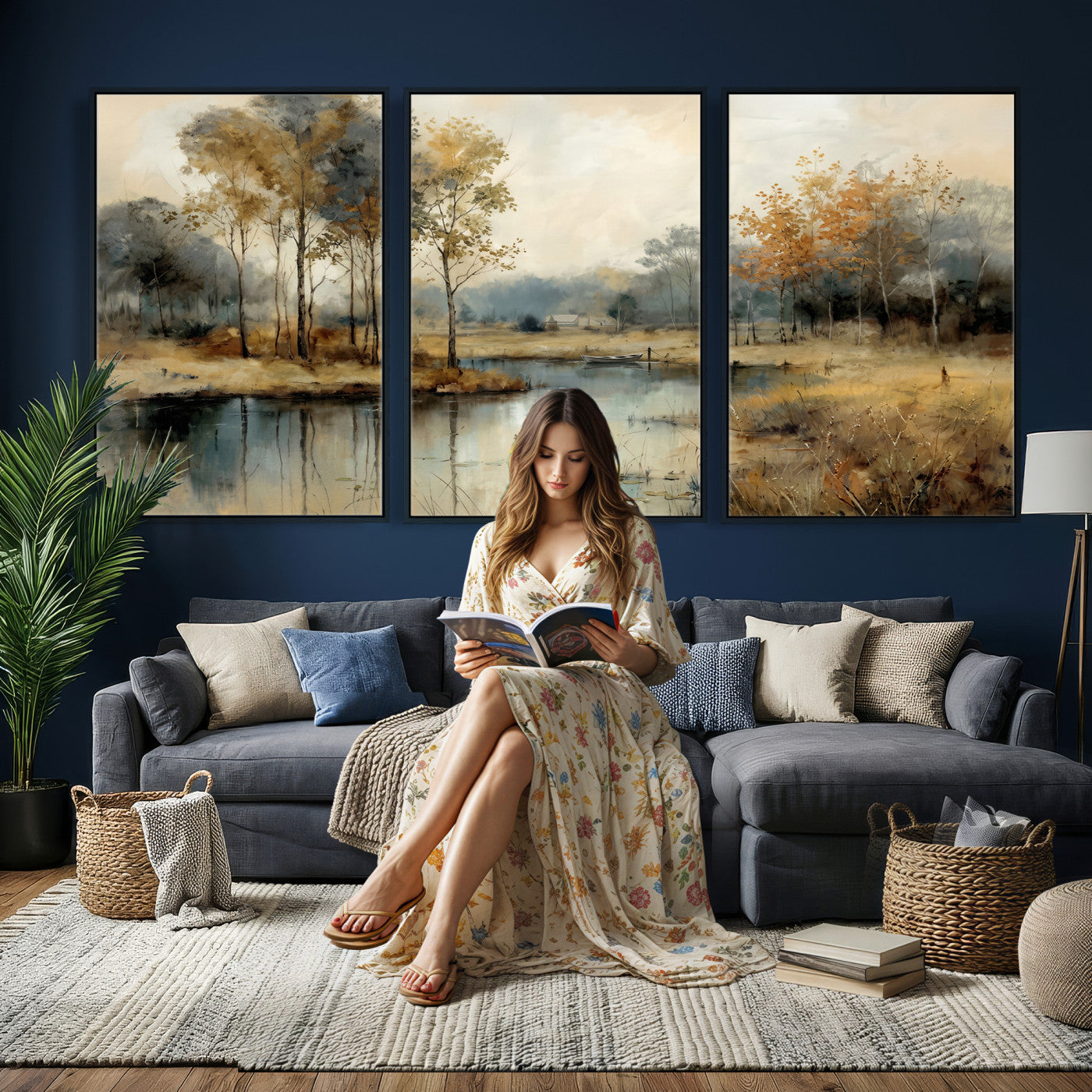 74391095-MGV-CV-36X24 - Abstract WatercolorAutumn Lake Canvas Wall Art Print, Misty Forest Landscape, Rustic Nature Painting, Cabin Wall Decor, Ready to Hang