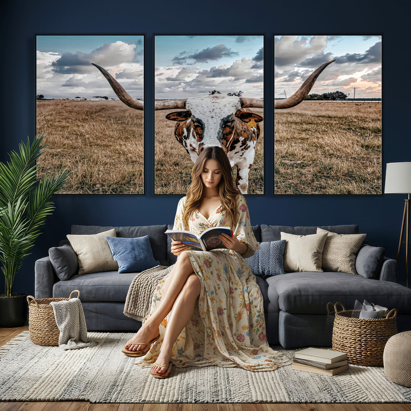 17464823-MGV-CV-36X24 - Texas Longhorn Canvas Wall Art Print, Western Cow Photography, Rustic Ranch Decor, Farmhouse Wall Art, Ready to Hang