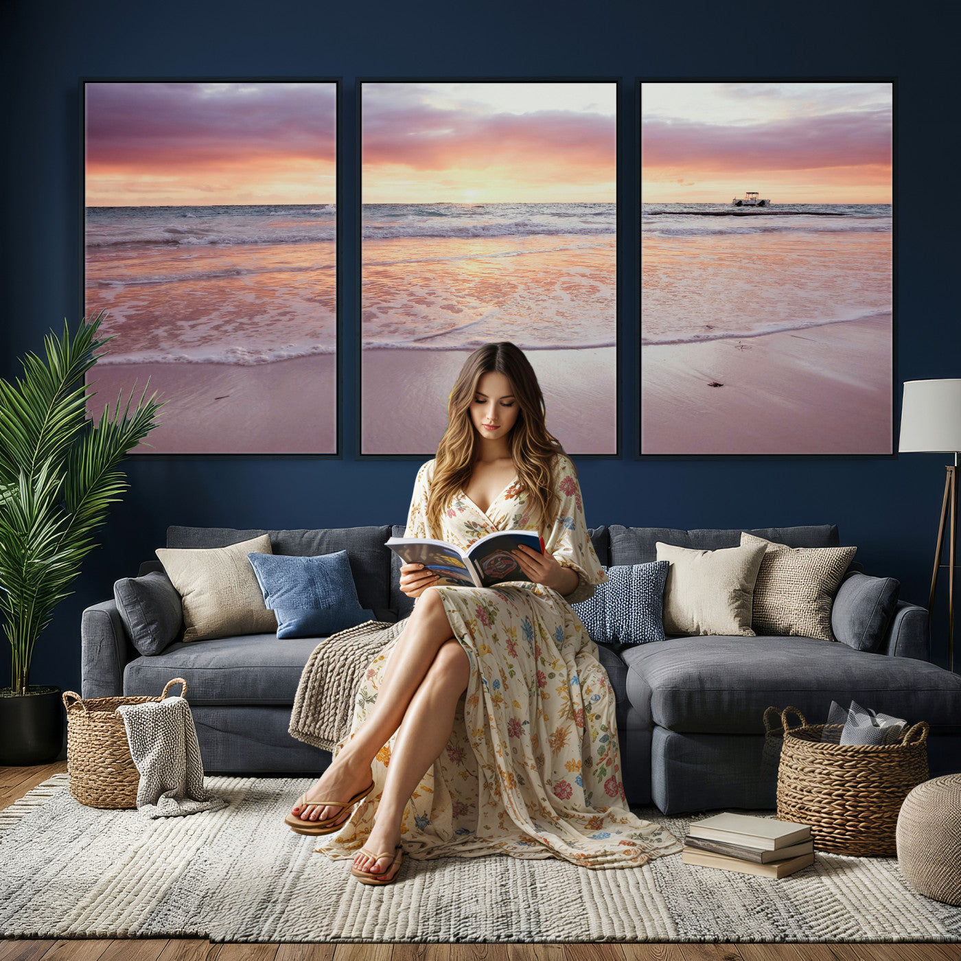 44765395-MGV-CV-36X24 - Beach Sunset Canvas Wall Art Print, Ocean Waves Landscape, Coastal Photography, Seascape Wall Decor, Ready to Hang