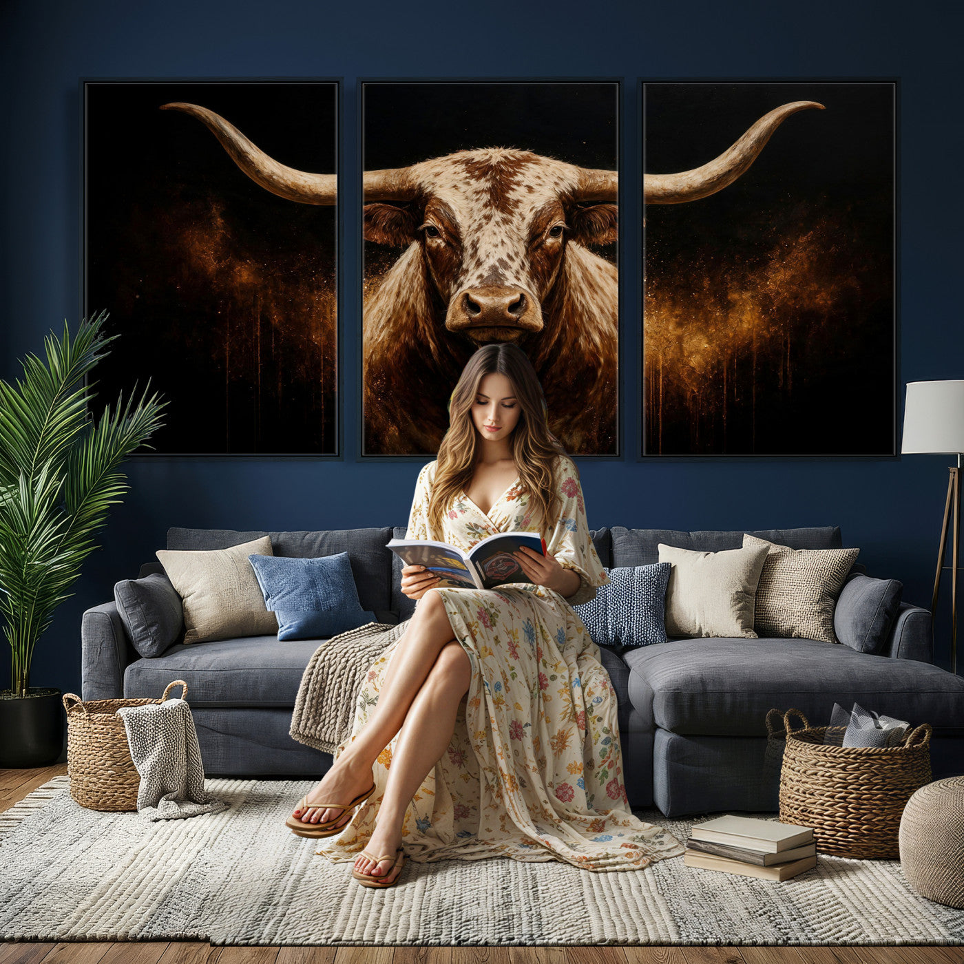 62076449-MGV-CV-48X32-3P - Texas Bull Cow Longhorn Canvas Wall Art Moody Western Bull Oil Painting Print
