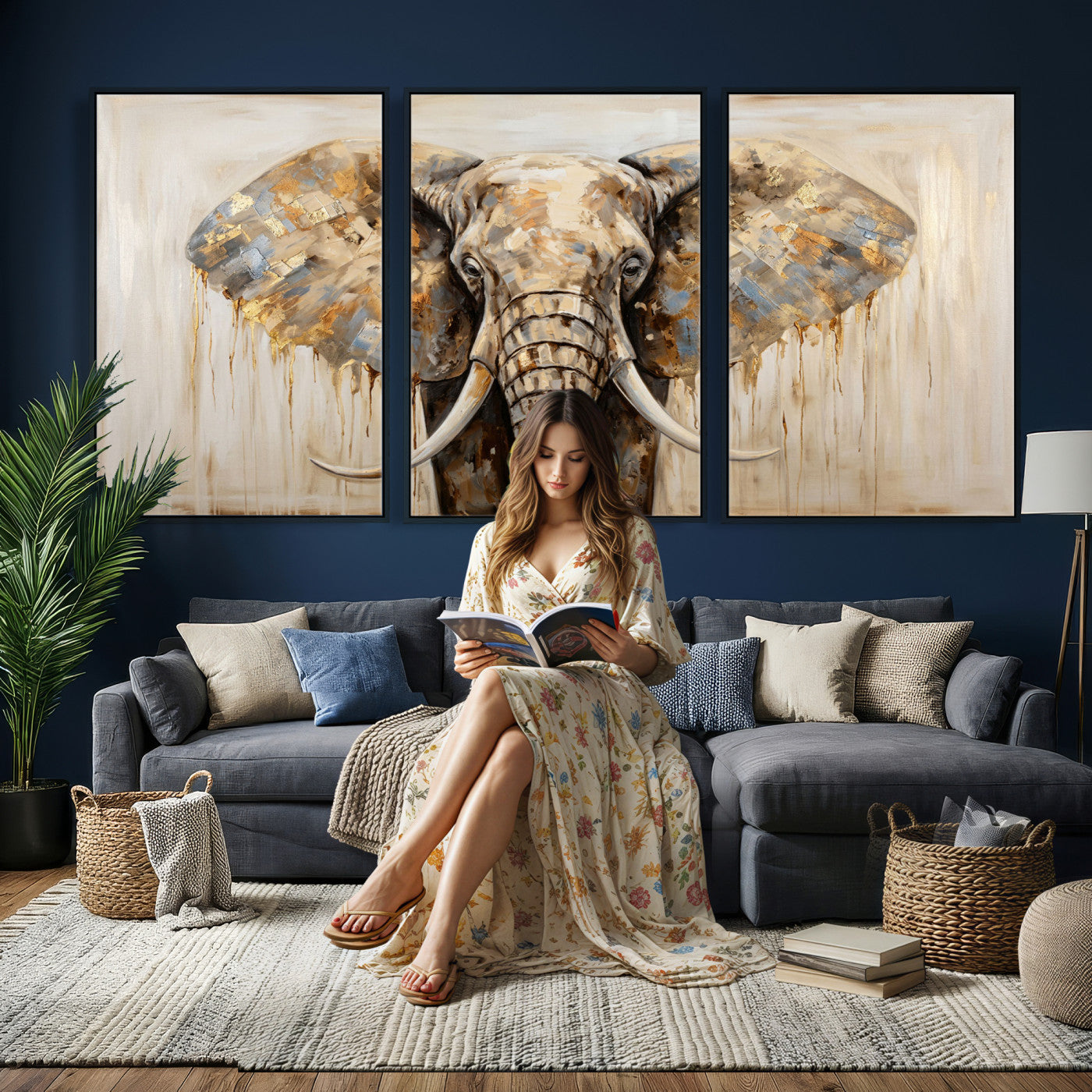 95819221-MGV-CV-36X24 - Gold Leaf Elephant Canvas Wall Art Abstract African Wildlife Painting Print