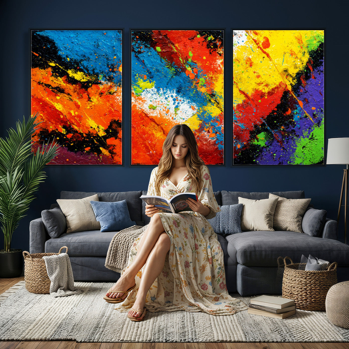 74888753-MGV-CV-36X24 - Vibrant Blue Abstract Canvas Wall Art Colorful Impasto Oil Painting Print