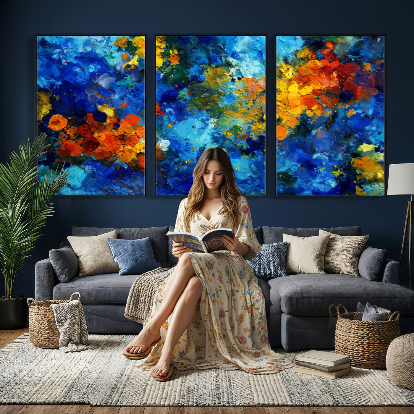 52431611-MGV-CV-36X24 - Vibrant Blue Abstract Canvas Wall Art Colorful Impasto Oil Painting Print