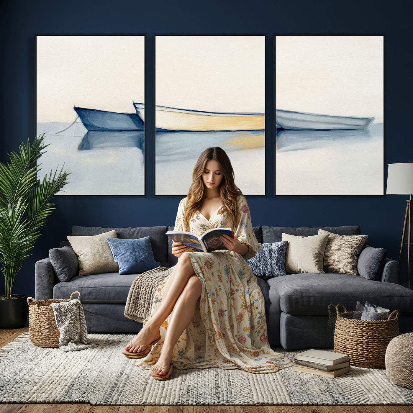 84017361-MGV-CV-36X24 - Abstract Three Boats Reflecting on Water Wall Art Canvas Print - Minimalist Coastal Seascape