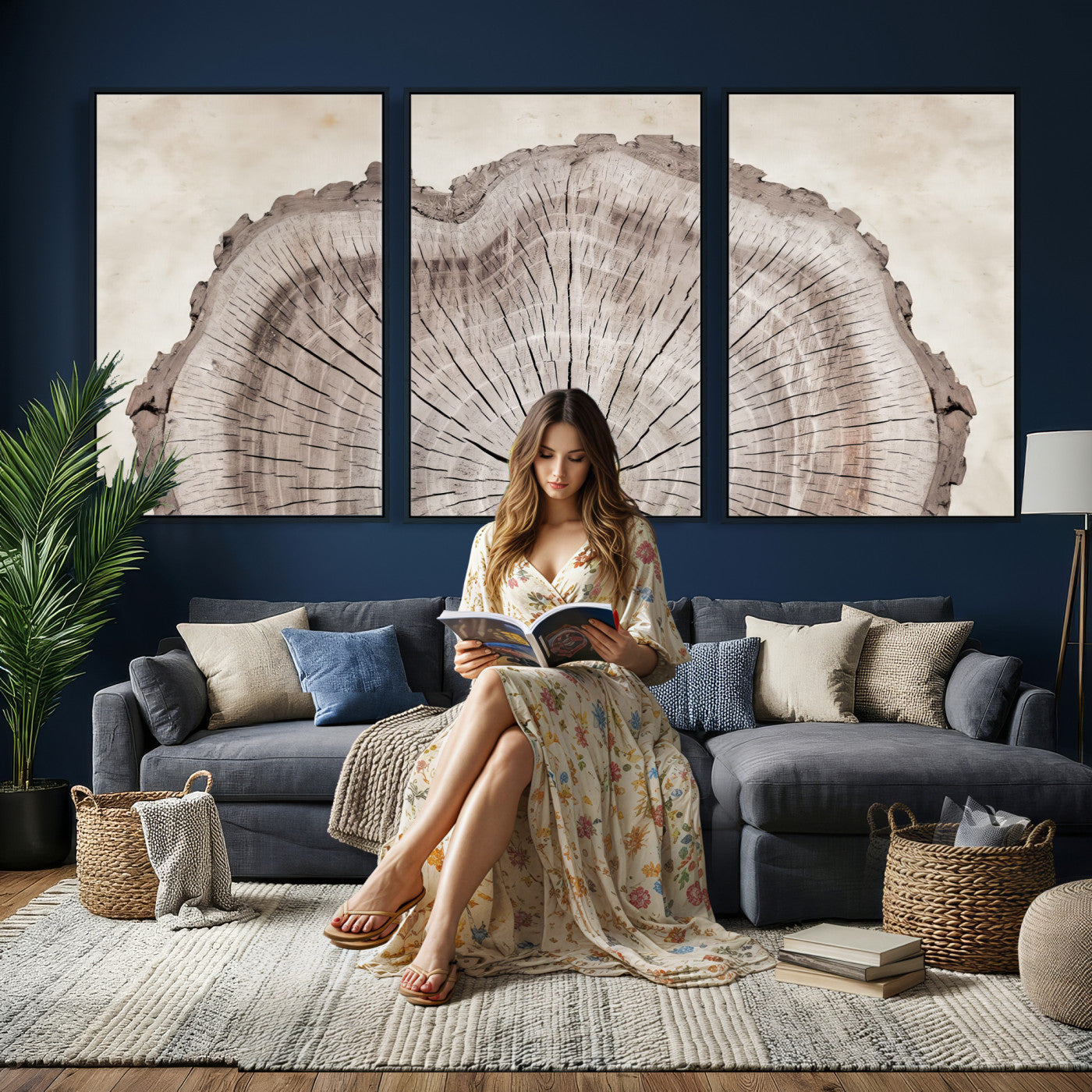 87833480-MGV-CV-60X30-3P - Tree Ring Canvas Wall Art in Neutral Earth Tones, Framed Wood Slice Print for Rustic and Japandi Interiors