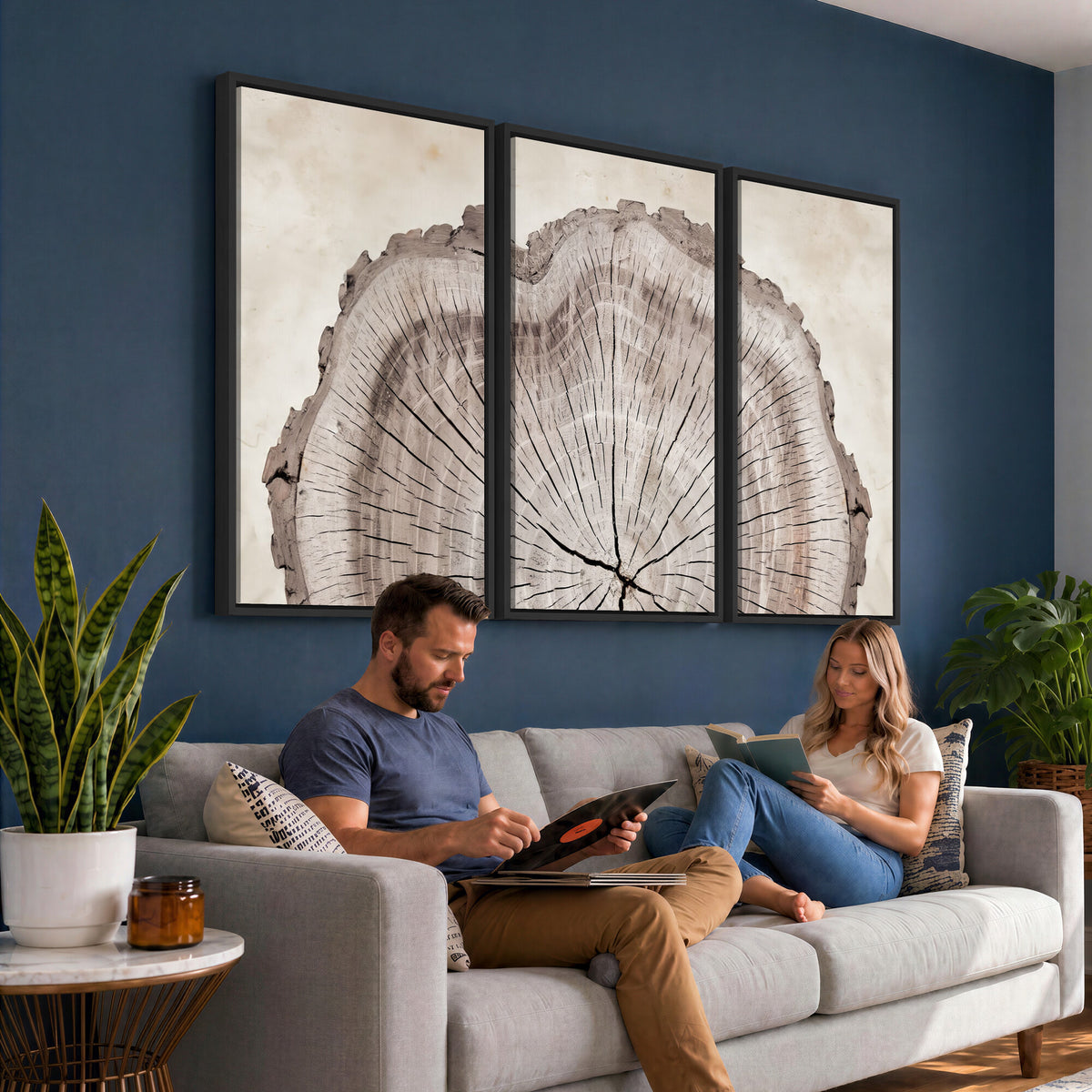 87833480-MGV-CV-60X30-3P - Tree Ring Canvas Wall Art in Neutral Earth Tones, Framed Wood Slice Print for Rustic and Japandi Interiors
