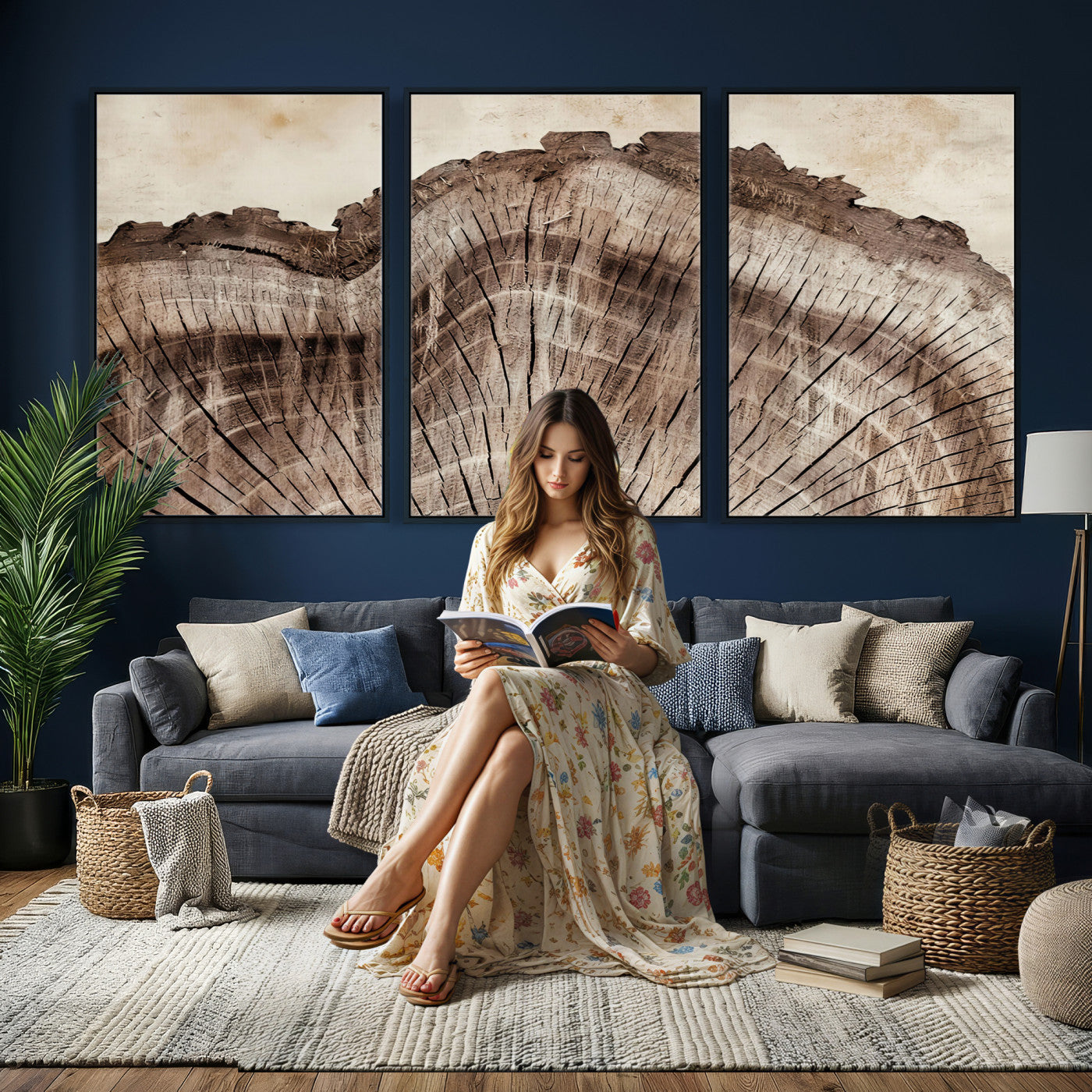 91280382-MGV-CV-60X30-3P - Tree Ring Canvas Wall Art in Neutral Earth Tones, Framed Wood Slice Print for Rustic and Japandi Interiors