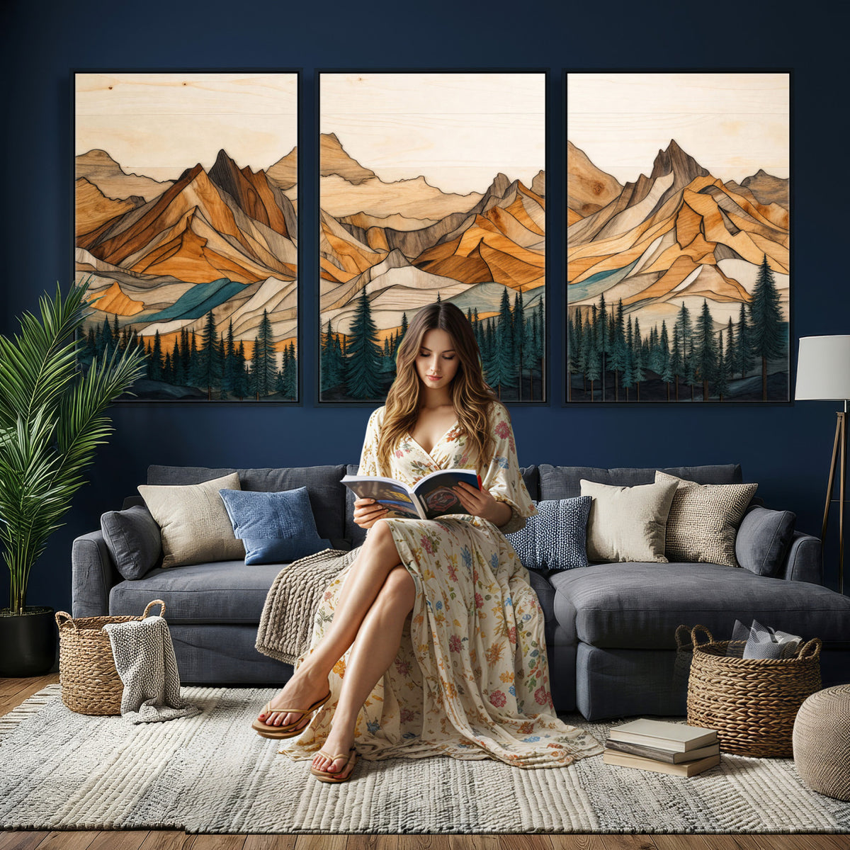 57384313-MGV-CV-60X30-3P - Mountain Landscape Canvas Wall Art with Wood Grain Effect, Golden Peaks and Teal Pine Forest, Framed Cabin Decor