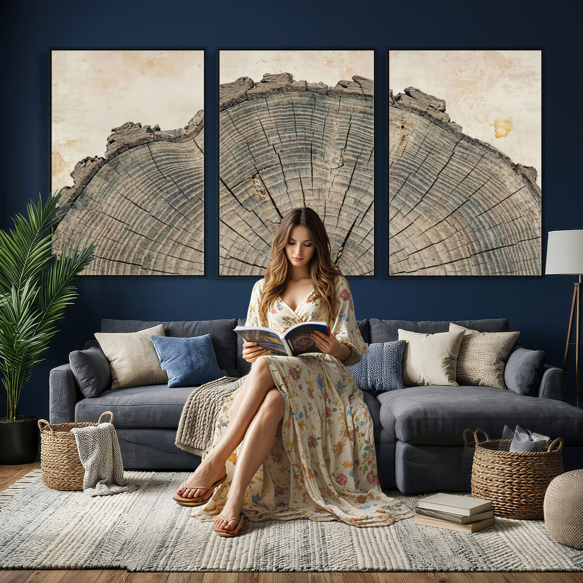 34201080-MGV-CV-60X30-3P - Tree Ring Canvas Wall Art in Neutral Earth Tones, Framed Wood Slice Print for Rustic and Japandi Interiors