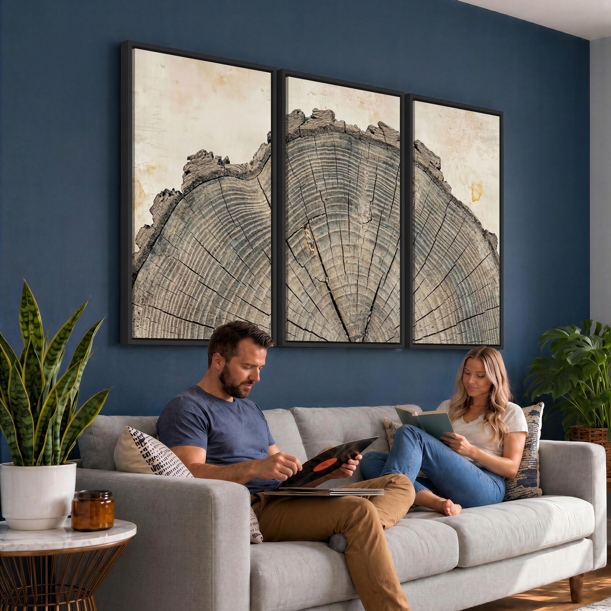 34201080-MGV-CV-60X30-3P - Tree Ring Canvas Wall Art in Neutral Earth Tones, Framed Wood Slice Print for Rustic and Japandi Interiors