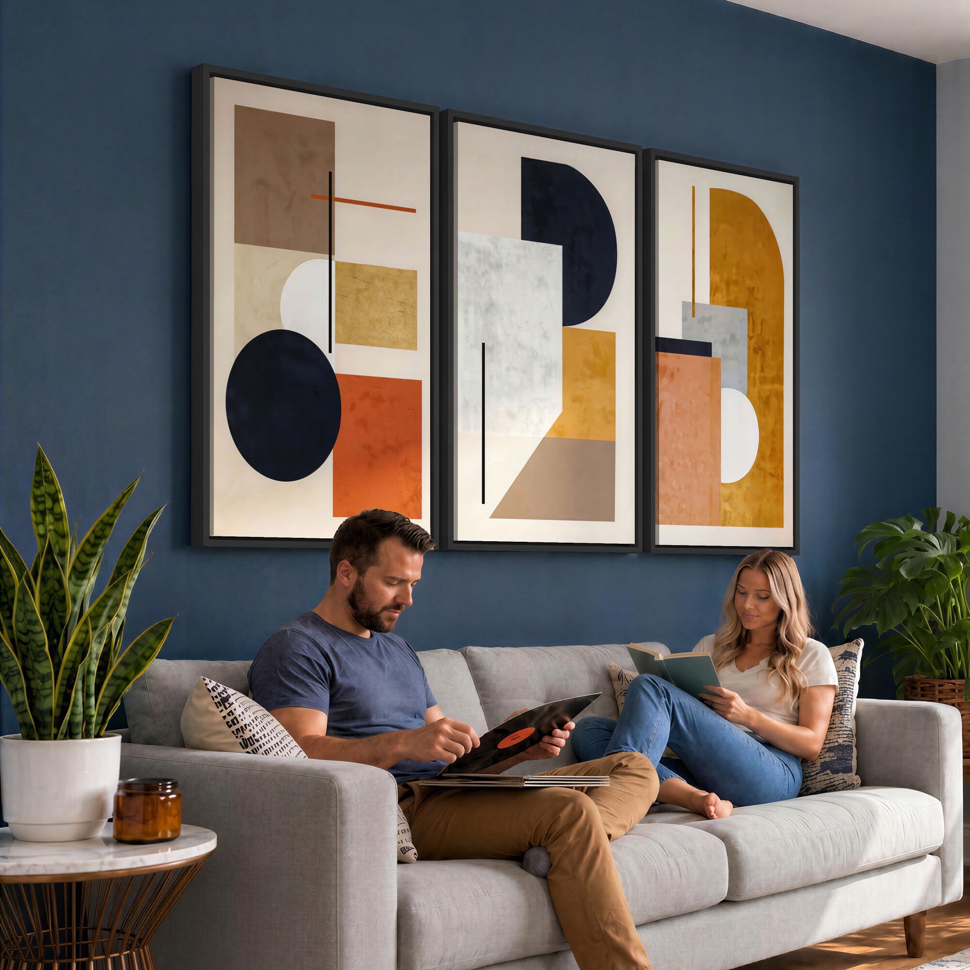 87361249-MGV-CV-48X32-3P - Mid Century Modern Geometric Canvas Wall Art, Abstract Triptych Print