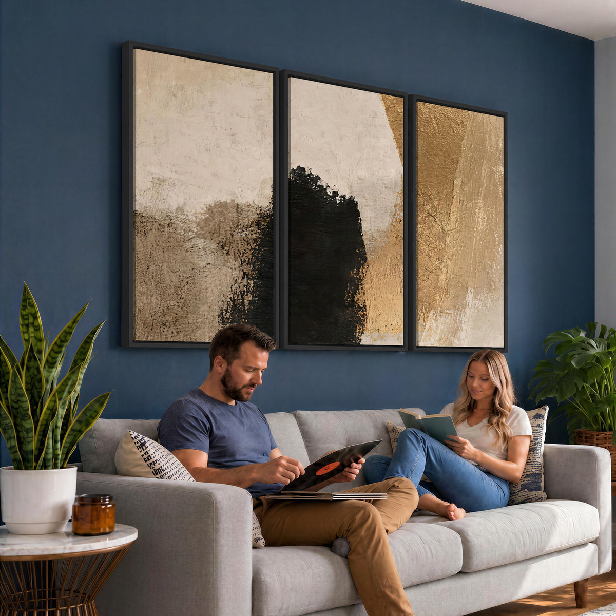 36003778-MGV-CV-48X32-3P - Mid Century Modern Geometric Canvas Wall Art, Abstract Triptych Print