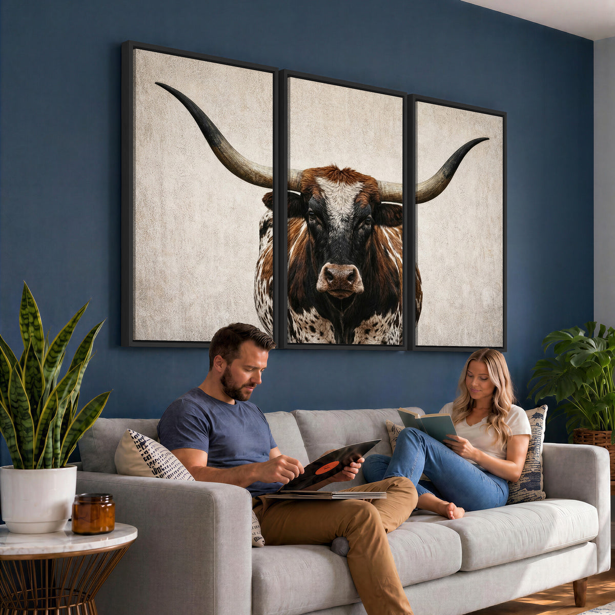 58622065-MGV-CV-36X24 - Texas Longhorn Canvas Wall Art Western Bull Desert Moody Grey Overcast Rustic Farmhouse Framed Large for Living Room Bedroom Office Decor
