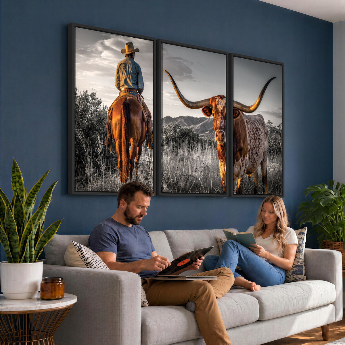 17066920-MGV-CV-60X30-3P - Extra Large Cowboy and Longhorn Wall Art Canvas Print