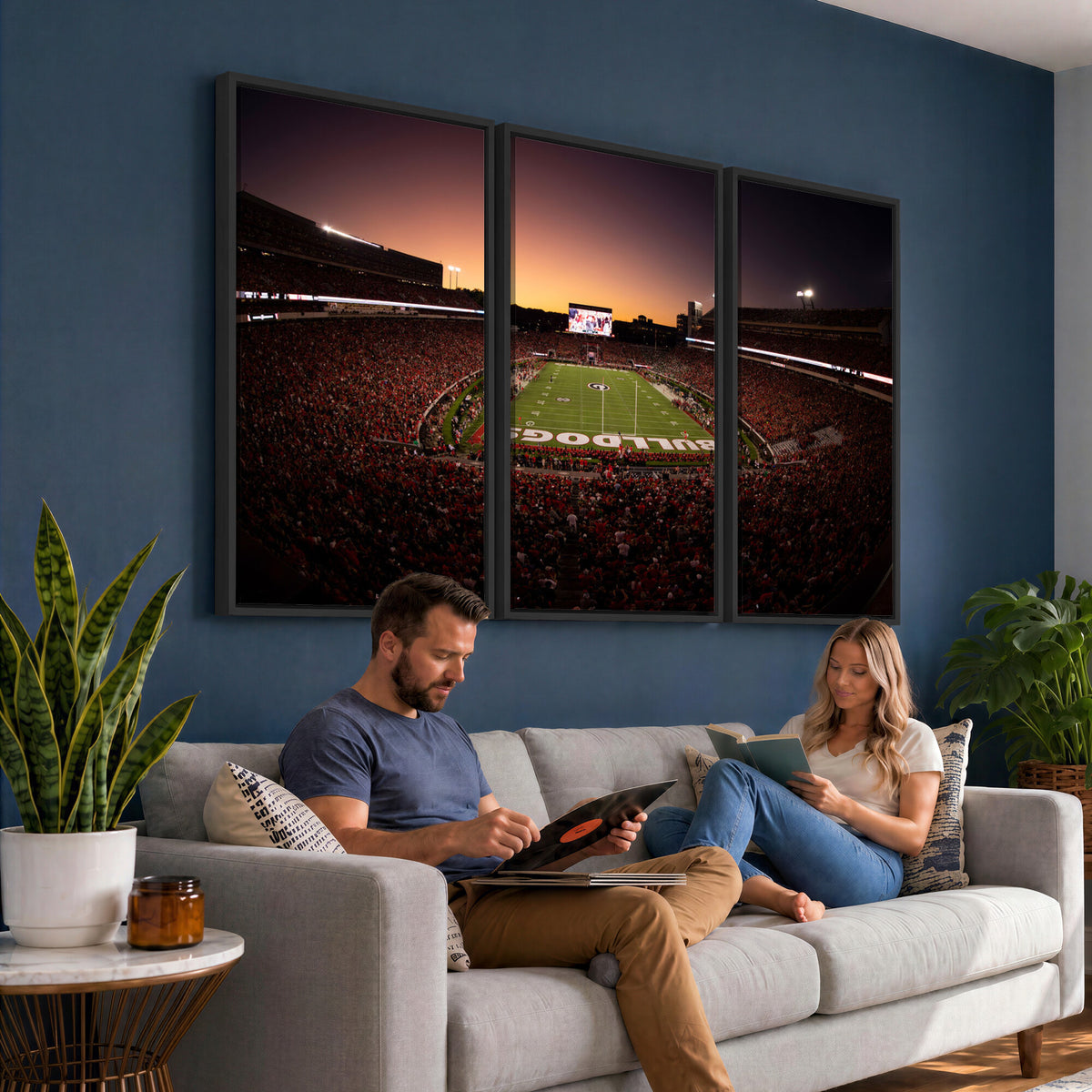 97720998-_Poster-30x20 - Georgia Bulldogs Stadium Sunset Canvas Print 3 Piece Framed Wall Art Extra Large Floating Frame Sports Poster Made in USA