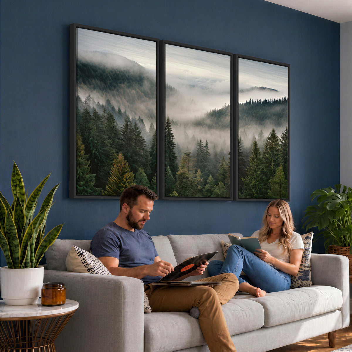 38409495-_Poster-30x20 - Misty Pine Valley Mountain Canvas Print 3 Piece Framed Wall Art Extra Large Floating Frame Nature Poster Made in USA