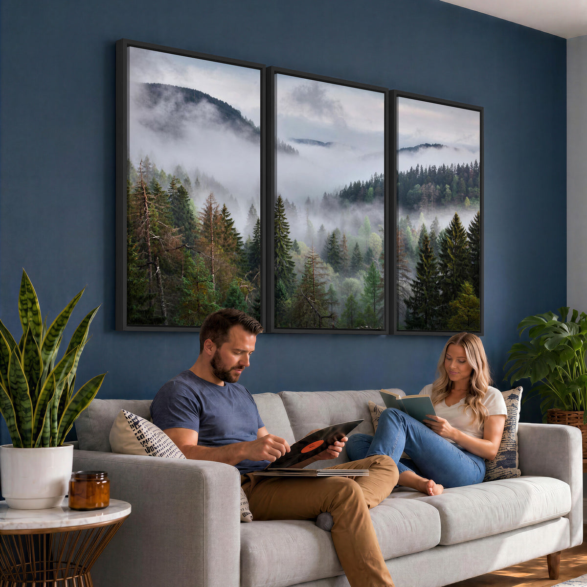 18735847-_Poster-30x20 - Foggy Pine Forest Mountain Canvas Print 3 Piece Framed Wall Art Extra Large Floating Frame Nature Poster Made in USA