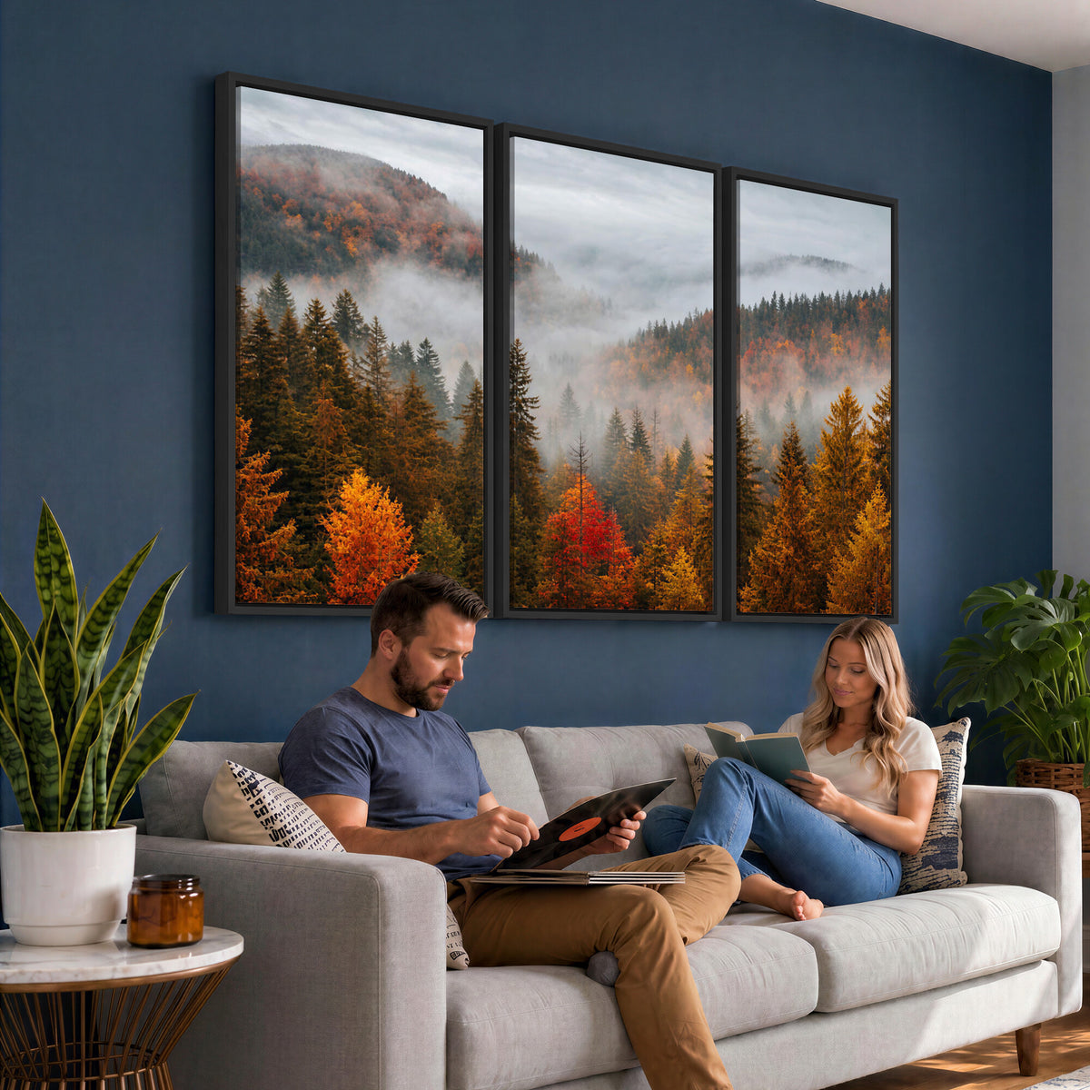 87481341-_Poster-30x20 - Foggy Autumn Mountain Canvas Print Smoky Pine Forest Wall Art Panoramic Nature Poster 3 Piece Made in USA