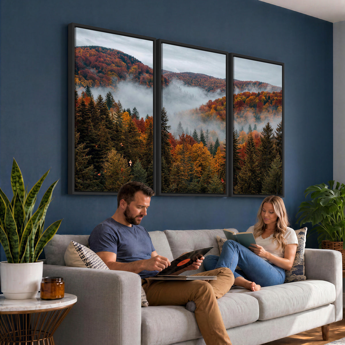 26686263-_Poster-30x20 - Misty Autumn Forest Mountain Canvas Print 3 Panel Wall Art Gallery Wrapped Floating Frame Poster Made in USA