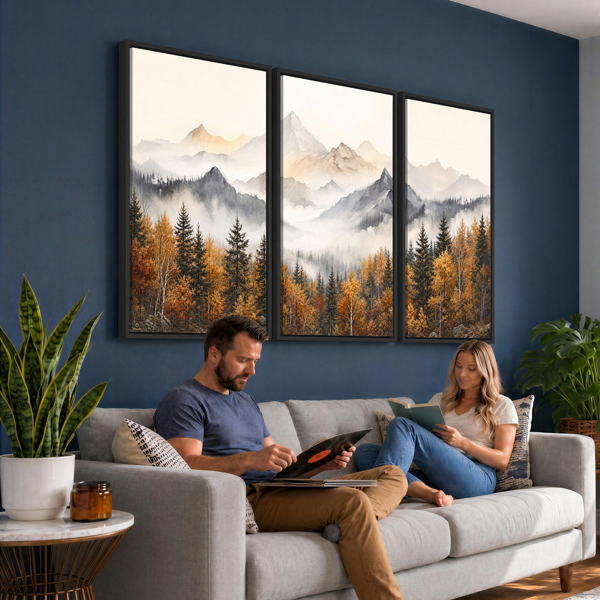 19544118-MGV-TP-30X20 - Misty Mountain Autumn Forest Canvas Wall Art - Watercolor Fall Nature Landscape Print