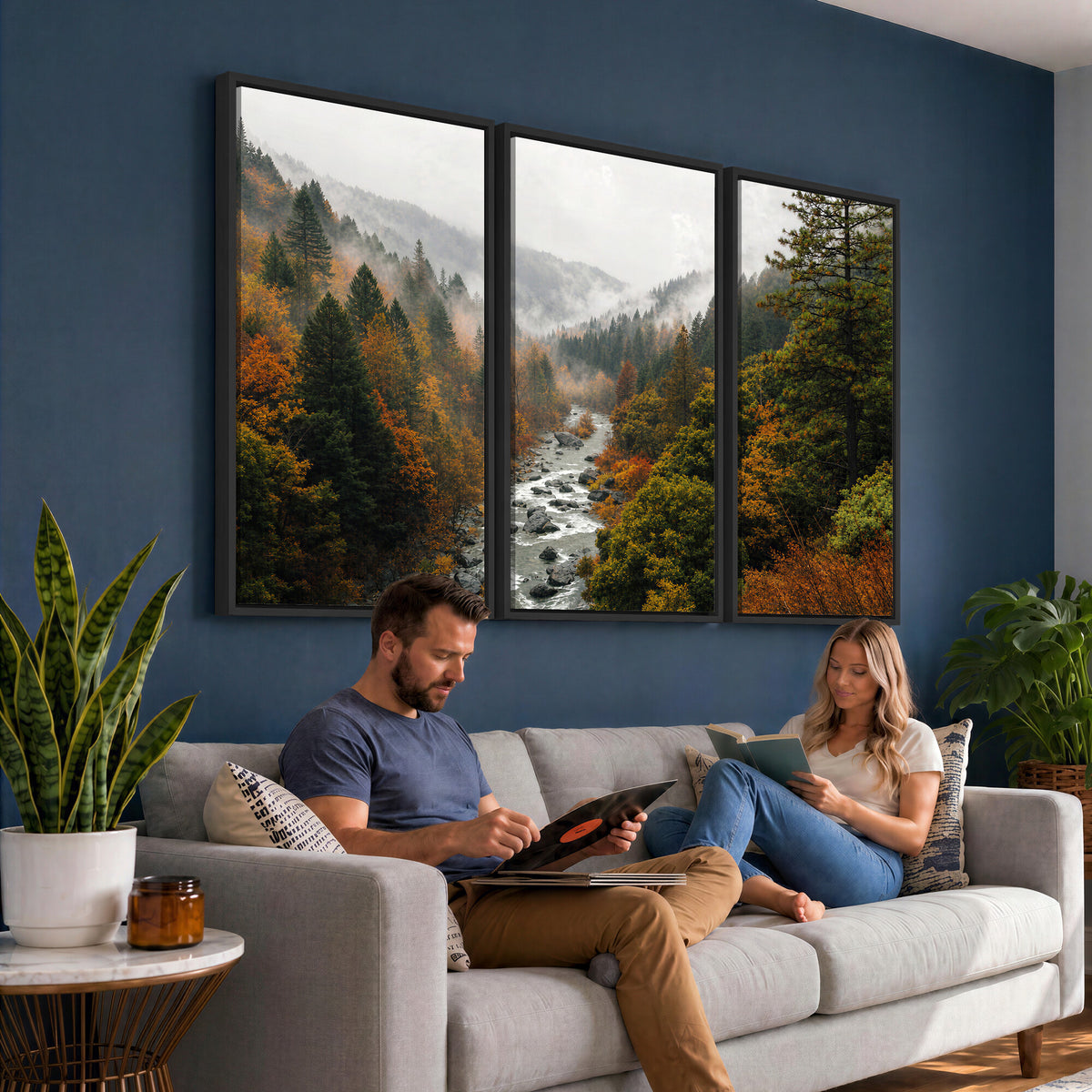 95540697-MGV-TP-30X20 - Misty River Mountain Valley Canvas Wall Art - Autumn Forest Landscape Nature Print
