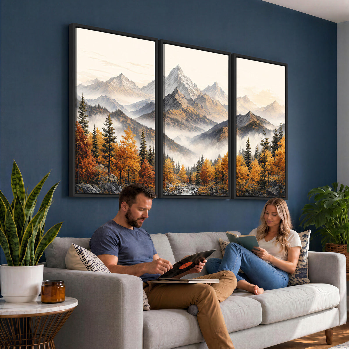 21309099-MGV-TP-30X20 - Extra Large Misty Mountain Autumn Forest Canvas Wall Art - Watercolor Fall Nature Landscape Print